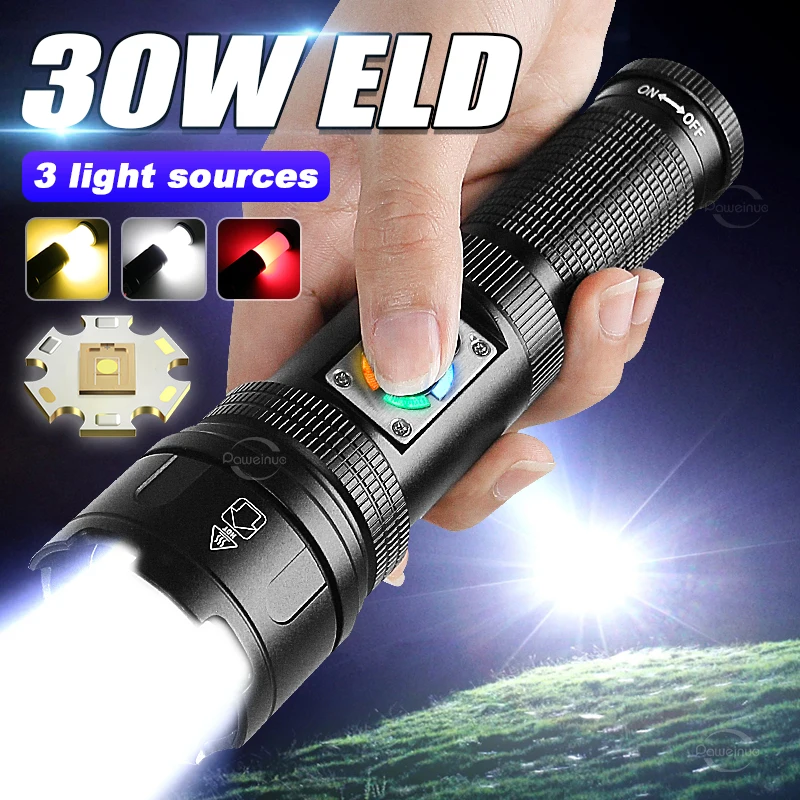 Самый яркий в мире фонарик мощностью 30 Вт с COB Light Перезаряжаемый тактический фонарь XHP70 Водонепроницаемый фонарь-факел