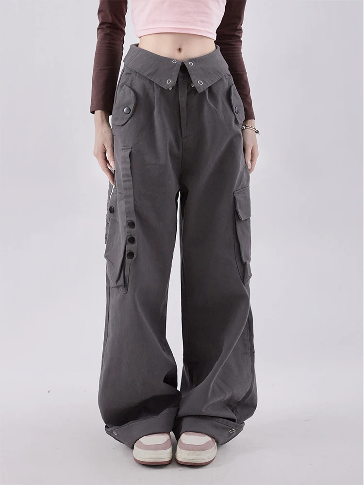 Серые брюки-карго, женские комбинезоны с высокой талией, повседневная Мешковатая винтажная уличная одежда Y2k, Широкие брюки, Прямые повседневные спортивные брюки