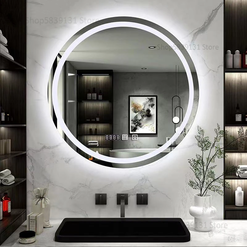Современный комод, настенный светильник для ванной комнаты, защищающий от запотевания, Круглое зеркало с сенсорным экраном, настенный светильник, светящееся зеркало против запотевания с подсветкой