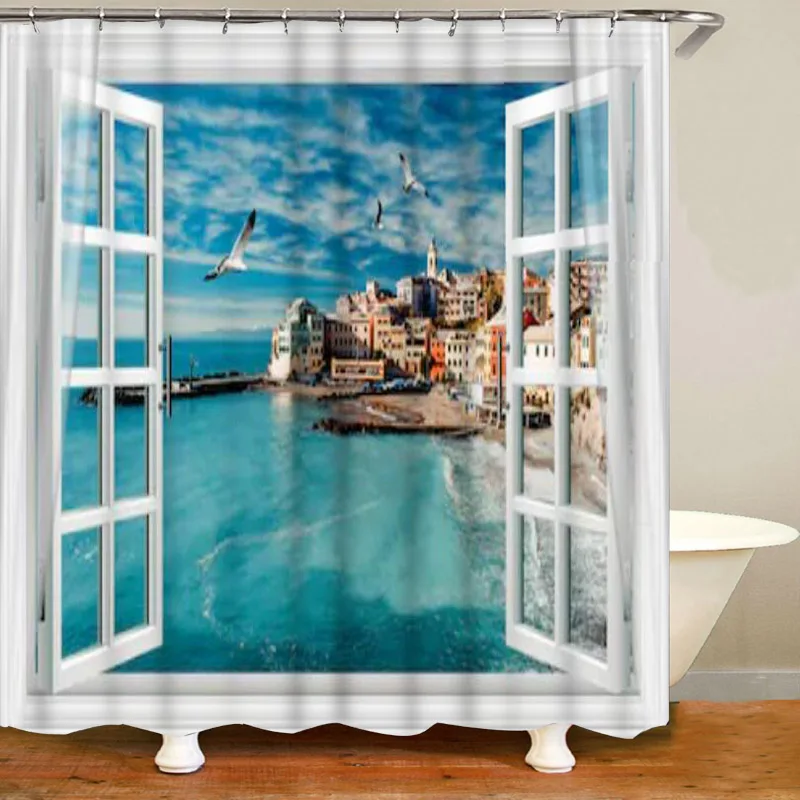 Средиземноморский 3D вид из окна на город, набор штор для душа для ванной, пляж, тропическое дерево, занавески для ванны с птицами, коврик, декор с морской природой