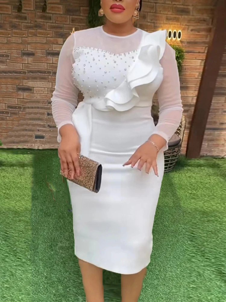 Стильное женское белое облегающее платье Миди с бисером, прозрачные платья с длинными рукавами и оборками в виде сердца, платья с баской для свадебной вечеринки, дня рождения гостя