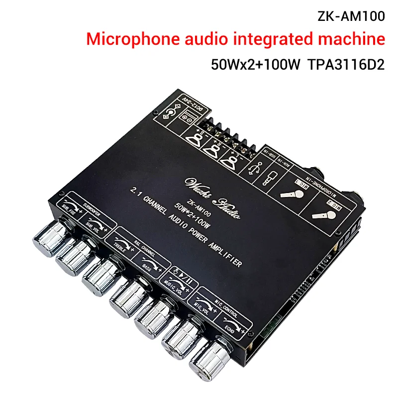 Цифровой TPA3116D2 Bluetooth Аудио Стерео Двойной Микрофон Караоке Усилитель Сабвуфера 50 + 50 + 100 Вт AMP ZK-AM100