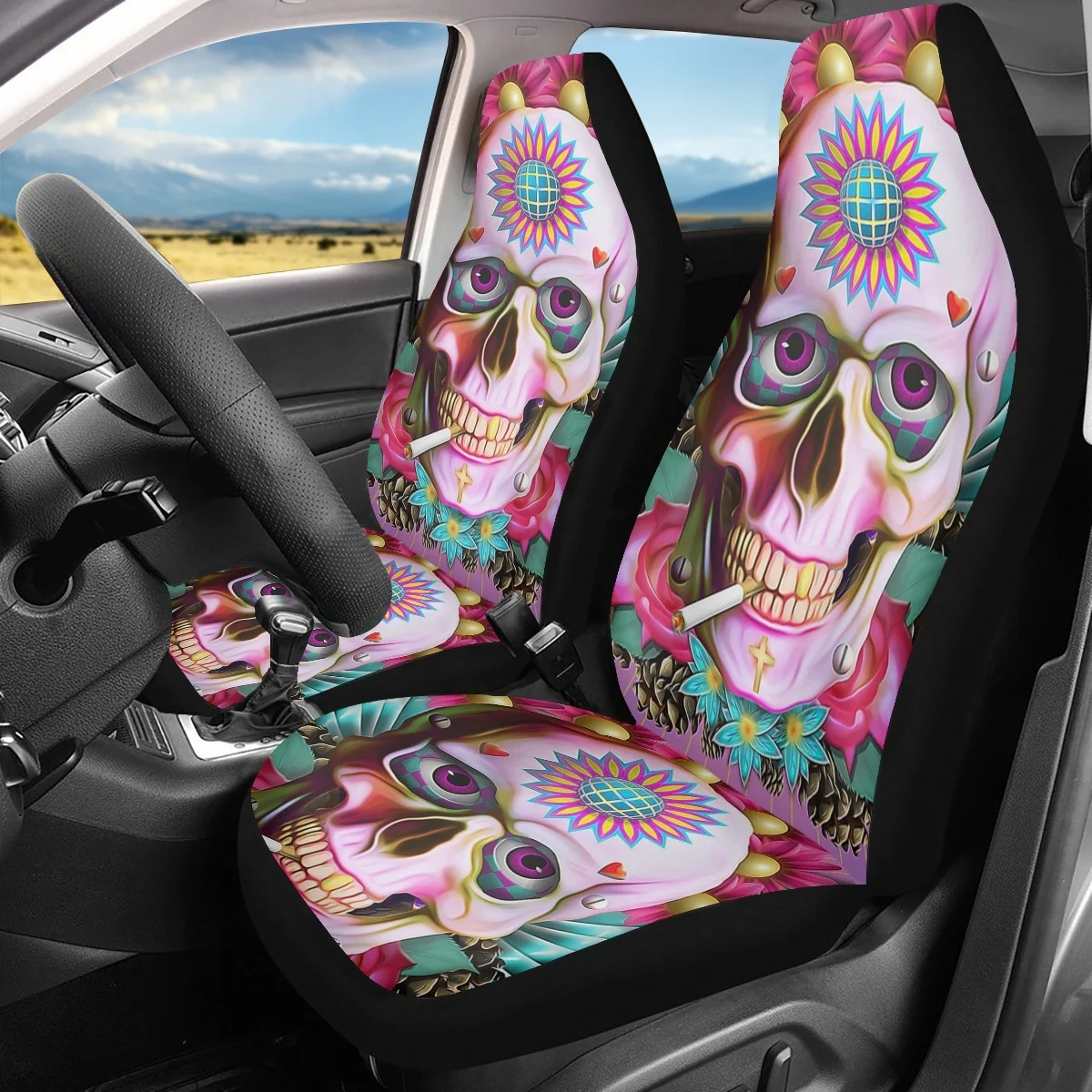Чехлы для автомобильных сидений с забавным рисунком в виде готического черепа, декор интерьера автомобиля, Моющийся Универсальный эластичный чехол для переднего сиденья седана