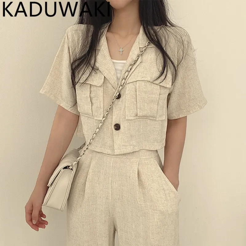 Шикарные Корейские рубашки с зубчатым воротником, карманы с короткими рукавами, верхняя одежда для офисных леди, однобортное хлопковое льняное пальто 2023, Летнее Милое